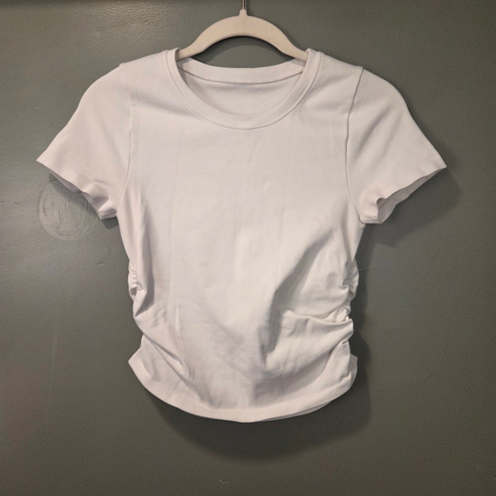 OQQ Women's Rbbed Short Sleeve Active Shirt Ruched Sides White Size S